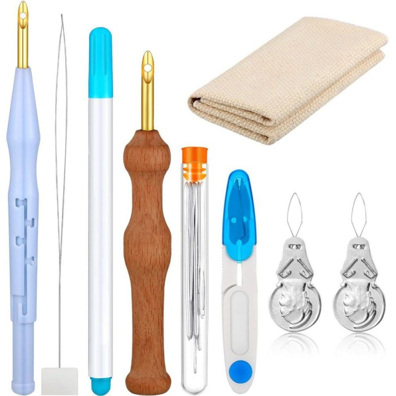 17 Piece Punch Needle Embroidery Kits Adjustable Rug Yarn Punch Needle Wooden Handle Embroidery Pen Needle Threader Punch Needle Cloth for Embroidery Floss Cross Stitching Beginner (Blue, Sky Blue)  |   Rug Tufting Needlework & Fiber Arts Rug Tufting