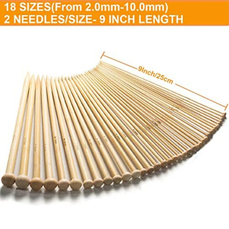 36PCS Bamboo Knitting Needles Set, Single Pointed Knitting Needles, 9 Inches Length Knitting Crochet Supplies for Beginners Handmade (18 Sizes from 2.0mm-10.0mm)  |   Knitting Supplies Knitting & Crochet Knitting Supplies