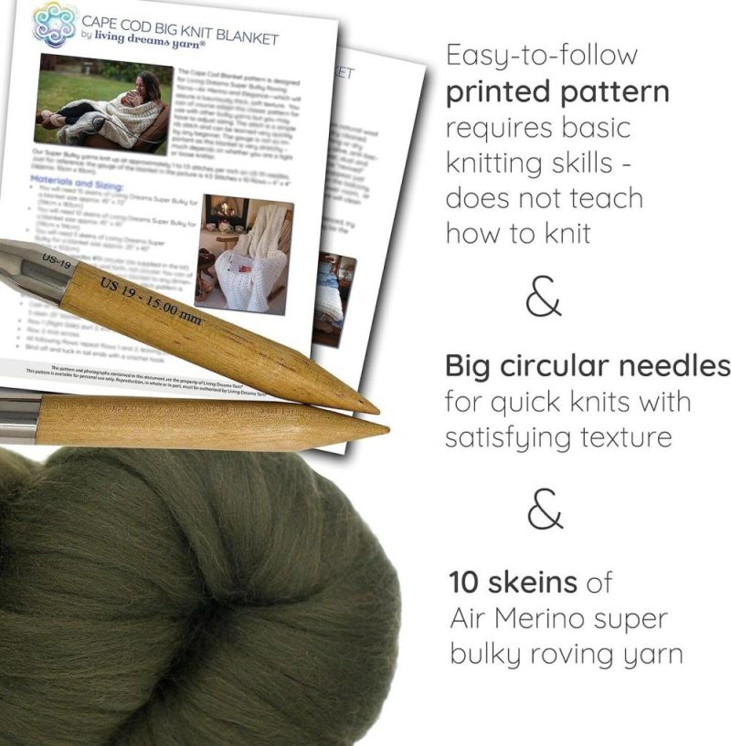 DIY Merino Wool Blanket Knitting Kit: Soft and Thick #7 Weight Jumbo Yarn, Knitting Needles and Pattern. Soft, Cozy, Great for Gifts Cedar |   Knitting Supplies Knitting & Crochet Cedar