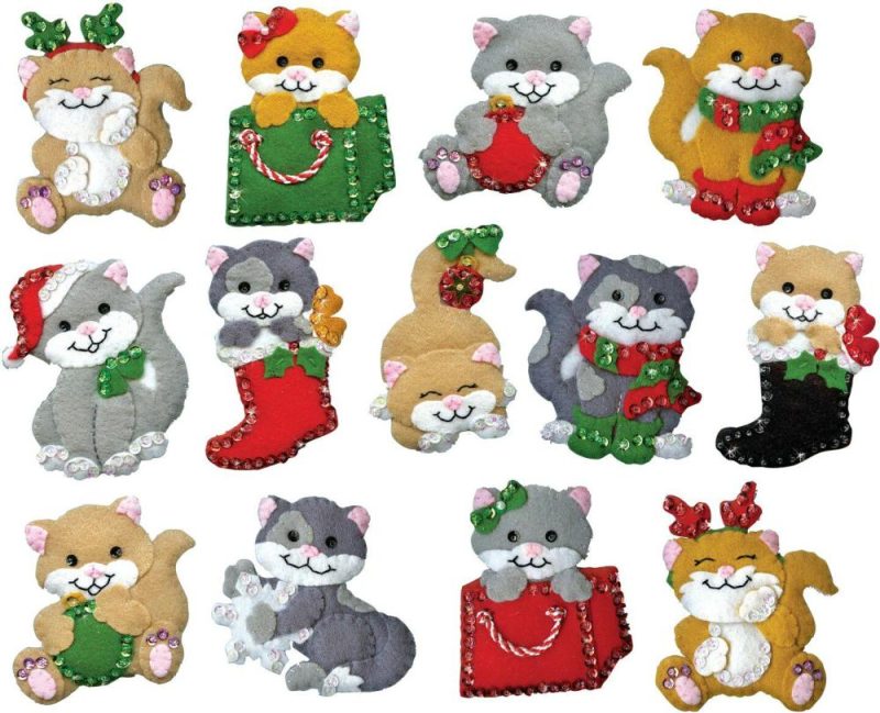 Felt Ornament Applique Kit Set Of 13-Holiday Cats  |   Felting Felting Felting