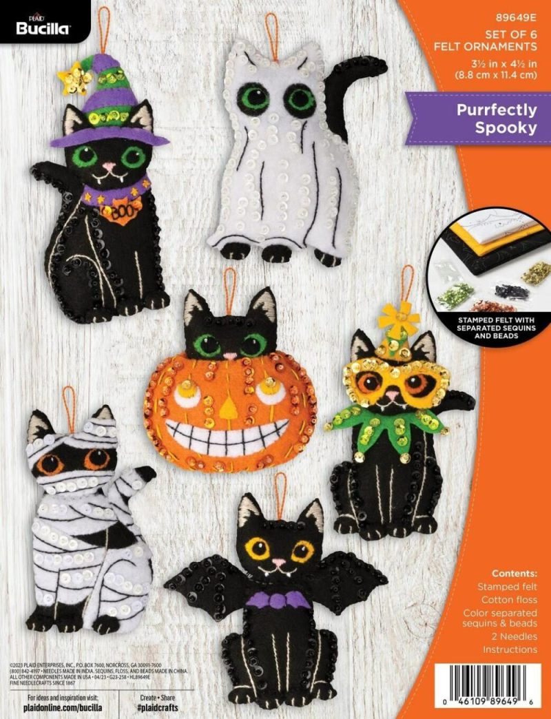 Felt Ornaments Applique Kit Set Of 6-Purrfectly Spooky  |   Felting Felting Felting