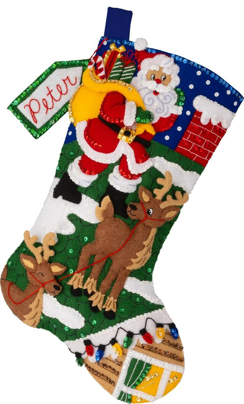 Felt Stocking Applique Kit 18″ Long-Rooftop Santa  |   Felting Felting Felting