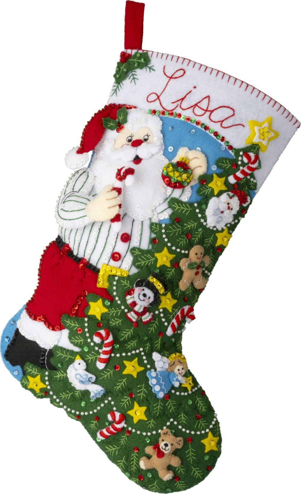 Felt Stocking Applique Kit 18″ Long-Trimming The Tree Santa  |   Felting Felting Felting