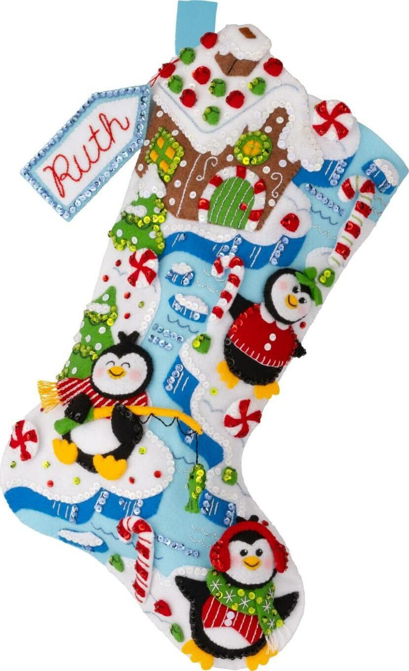 Felt Stocking Applique Kit 18″ Long-Winter Land Penguins  |   Felting Felting Felting