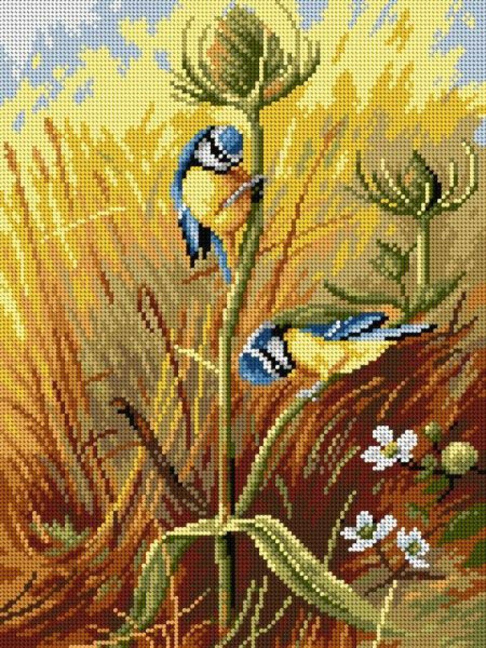 Gobelin canvas for halfstitch without yarn after Archibal Thornburn – Bluetits on a Teasel  |   Needlepoint Needlepoint Needlepoint