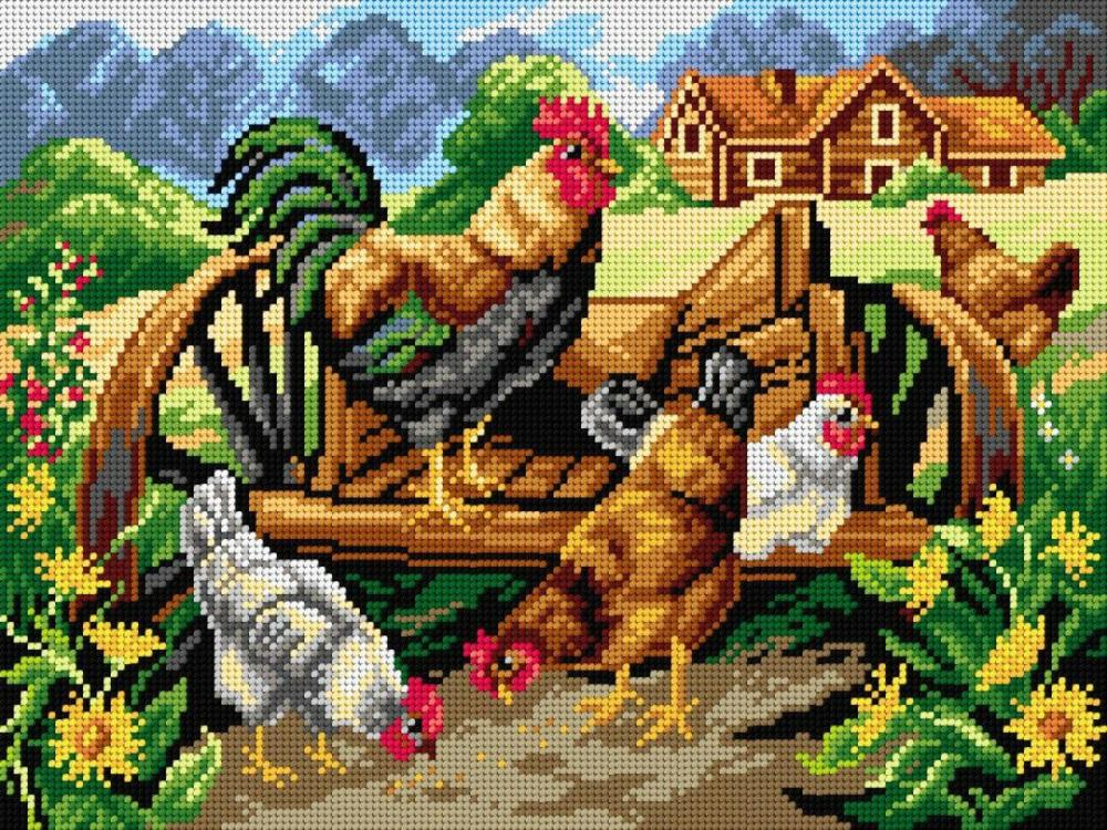 Gobelin canvas for halfstitch without yarn Roaster and Chickens 3033J  |   Needlepoint Needlepoint Needlepoint