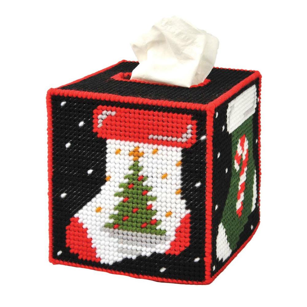 Hanging the Stockings Tissue Box Plastic Canvas Kit Multicolor |   Needlepoint Needlepoint Multicolor