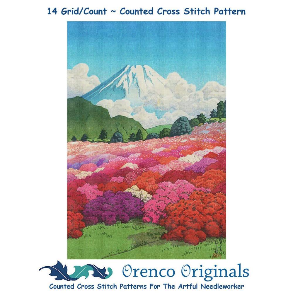 Mt Fuji Azalea Garden Counted Cross Stitch Pattern by Kawase Hasui  |   Cross Stitch & Embroidery Cross Stitch & Embroidery Cross Stitch & Embroidery