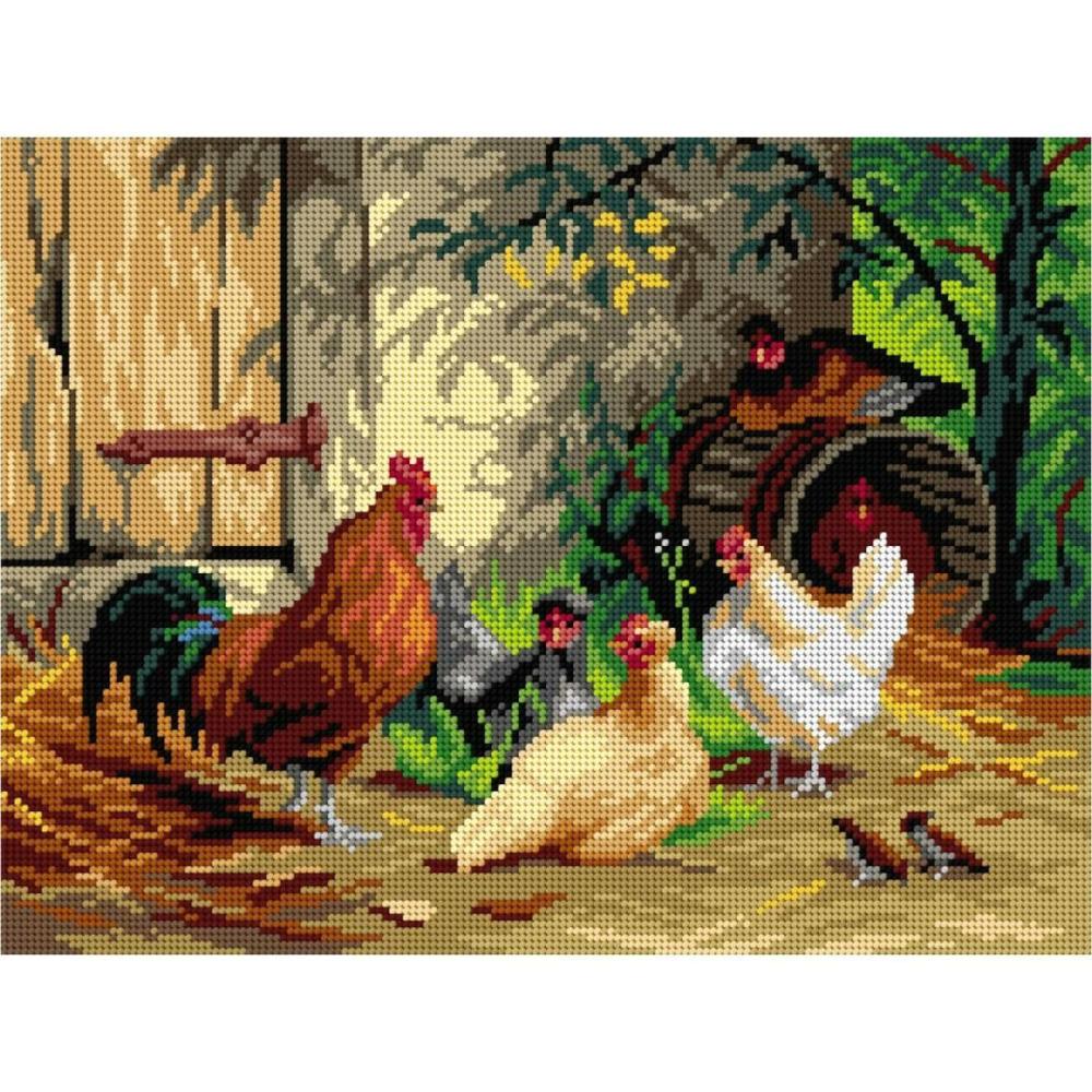 Needlepoint Canvas For Halfstitch Without Yarn After Carl Jutz The Elder – Chickens In Front Of The Stable – Printed Tapestry Canvas  |   Needlepoint Needlepoint Needlepoint