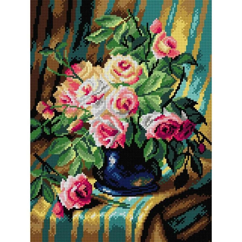 Needlepoint Canvas For Halfstitch Without Yarn After Frans Mortelmans – Still Life With Pink Roses – Printed Tapestry Canvas  |   Needlepoint Needlepoint Needlepoint