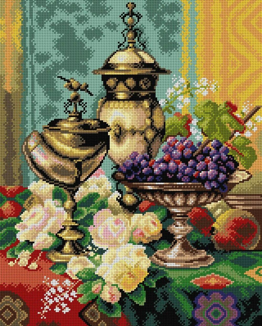 Needlepoint canvas for halfstitch without yarn after Jean Baptiste Robie – Still Life with Roses, Grapes and a Silver Inlaid Nautilus Shell 2867M  |   Needlepoint Needlepoint Needlepoint