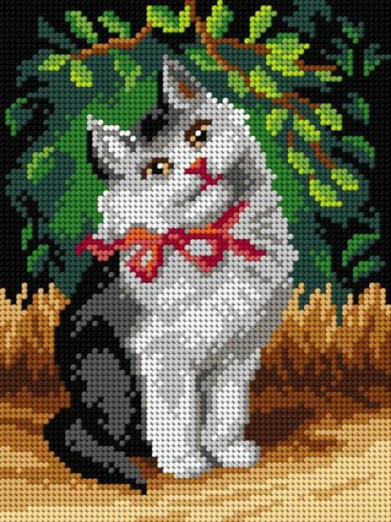 Needlepoint canvas for halfstitch without yarn after Sophie Sperlich – A Cat with Ribbon 3104F – Printed Tapestry Canvas  |   Needlepoint Needlepoint Needlepoint