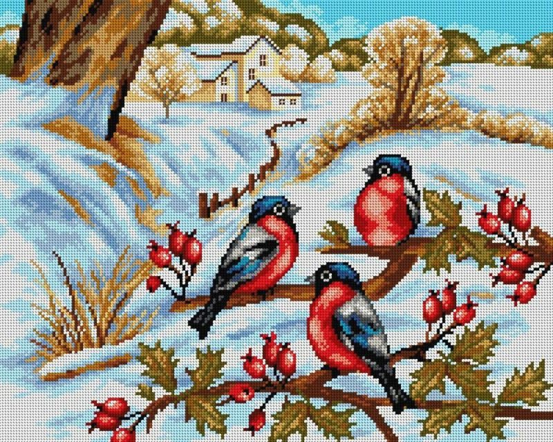 Needlepoint canvas for halfstitch without yarn Winter Landscape with Bullfinches 2421M  |   Needlepoint Needlepoint Needlepoint