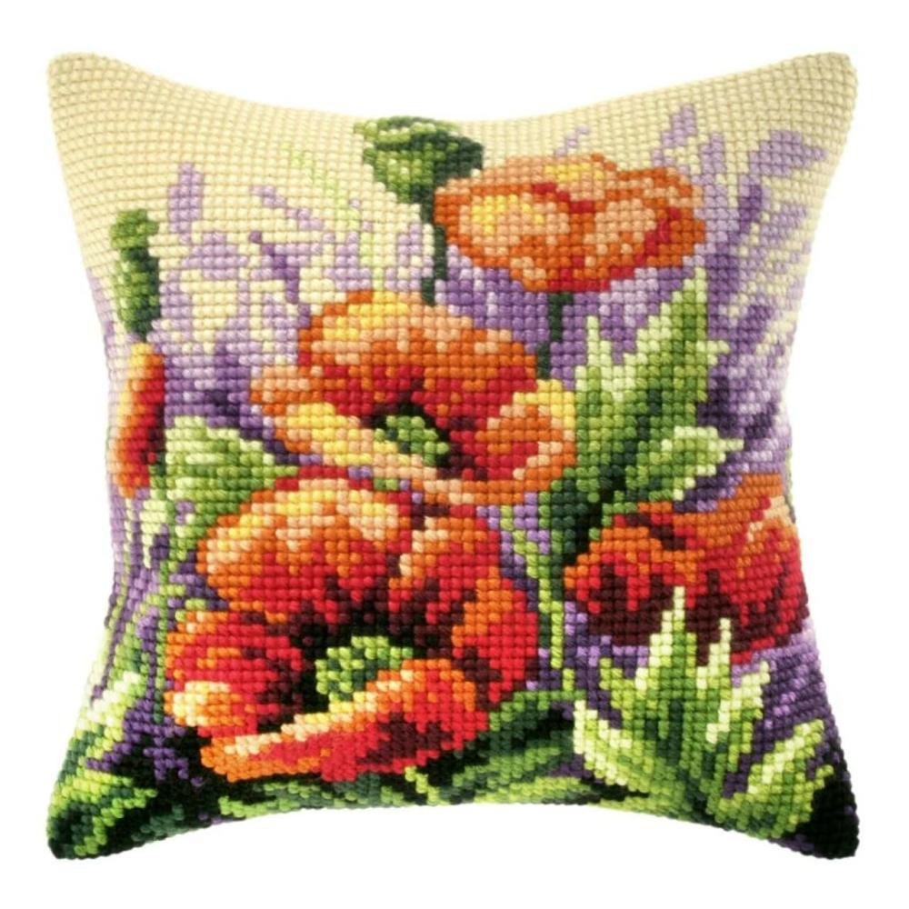 Needlepoint Kit Cushion – Printed Canvas Poppies On Meadow  |   Needlepoint Needlepoint Needlepoint