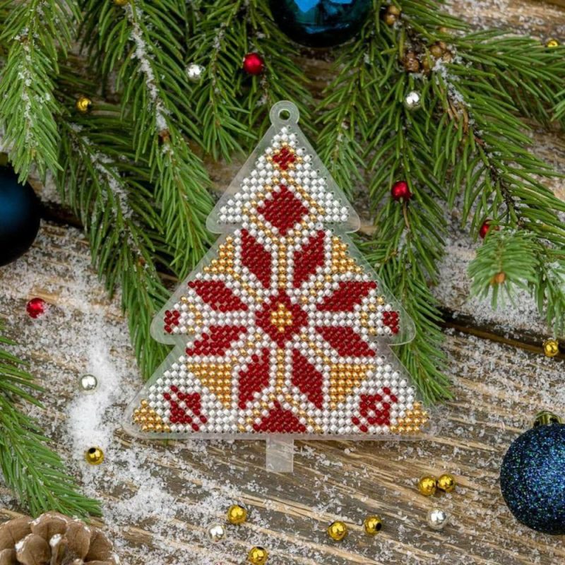 Red & Gold Fair Isle Tree Ornament Bead Embroidery on Plastic Kit  |   Beadwork Beadwork Beadwork