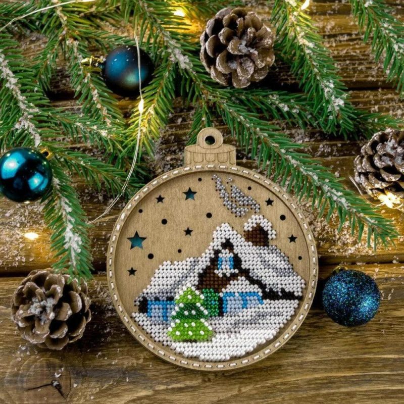 Snowy Cottage Ornament Bead Embroidery on Wood Kit  |   Beadwork Beadwork Beadwork