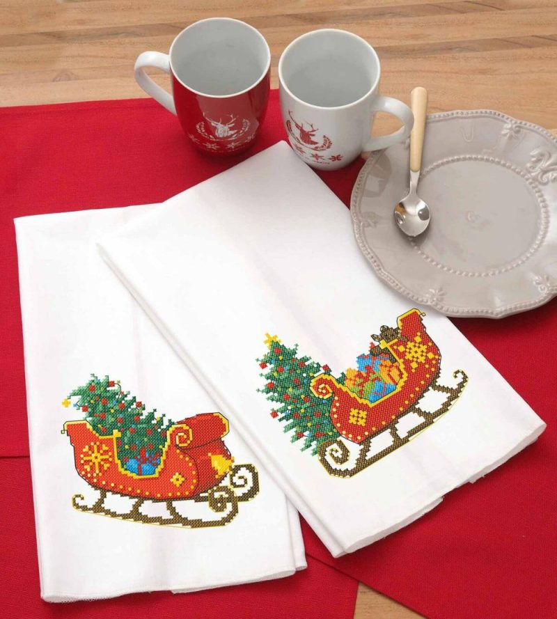 Tea Towel 17″x28″ Sleigh 2pc, towel set, embroidery kit, bathroom hand towels, kitchen towel, cross stitch kits, stamped cross stitch kits  |   Cross Stitch & Embroidery Cross Stitch & Embroidery Cross Stitch & Embroidery