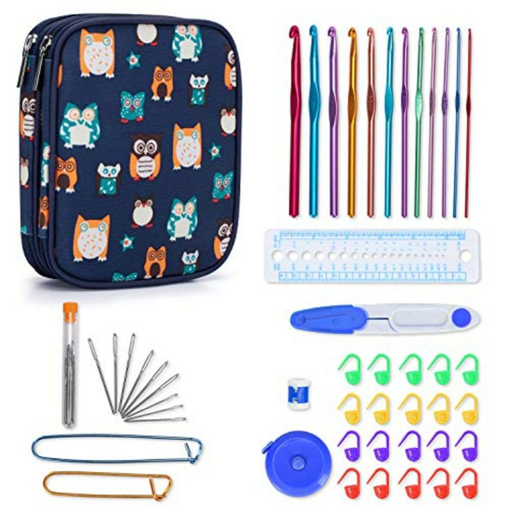 Teamoy Aluminum Crochet Hooks Set, Knitting Needle Kit, Organizer Carrying Case with 12pcs 2mm to 8mm Hooks and Complete Accessories, All in Place and Easy to Carry, Owls  |   Crochet Supplies Crochet Supplies Crochet Supplies