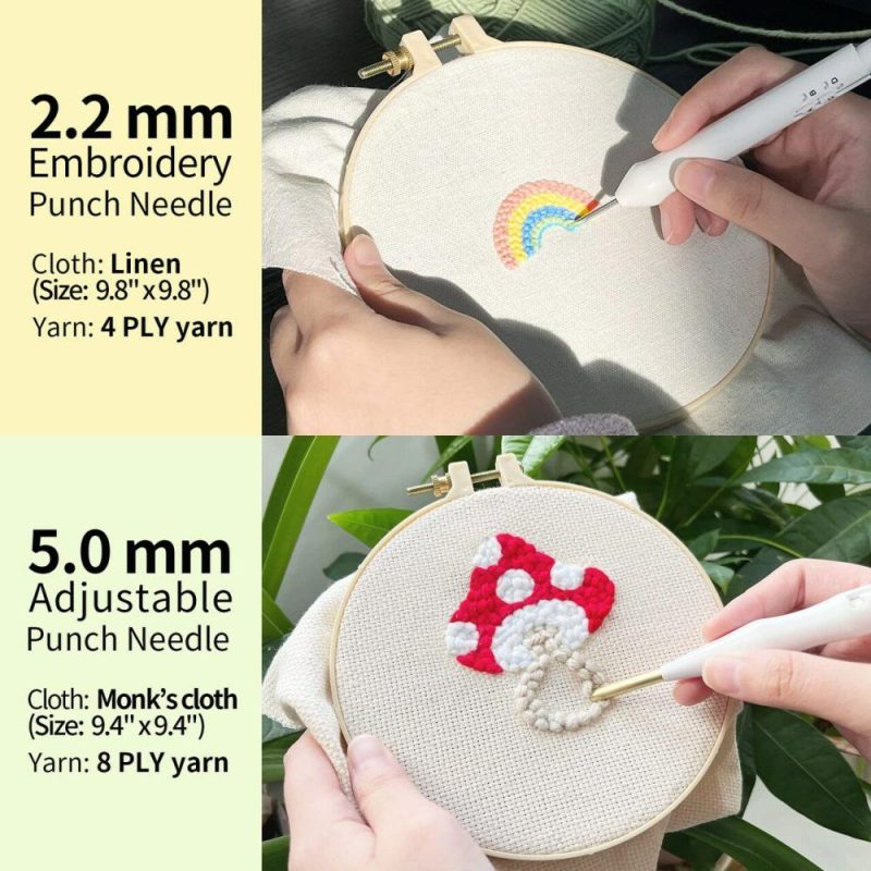 Embroidery Punch Rug Punch Beginner Kit, 2 Different Adjustable Punch Needle Tool with 9″x9″ Monk’s Cloth and Pita Cloth  |   Rug Tufting Needlework & Fiber Arts Rug Tufting