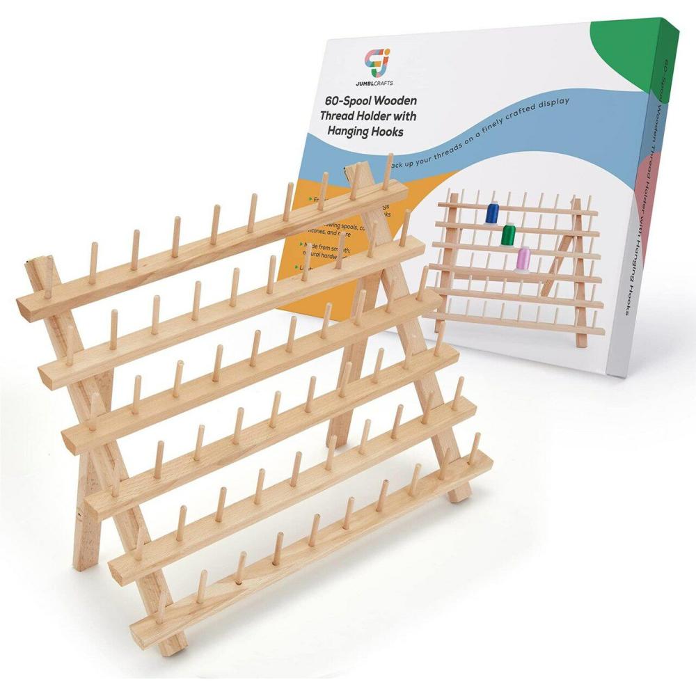 Wooden Thread Rack Holder. 60-Spool Thread Organizer Rack W/ Hooks & Flip-Out Legs, 16.1”x1.9”x13.2”  |   Knitting Supplies Knitting & Crochet Knitting Supplies